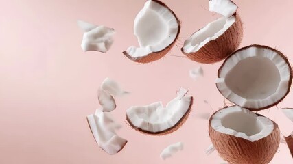 Aufkleber - Several pieces of fresh coconut are levitating on a vibrant pink background, creating a dynamic and visually appealing scene with copy space