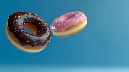 Aufkleber - Two iced donuts with sprinkles, one pink and one chocolate, are levitating on a light blue background, creating a visually appealing and tempting image