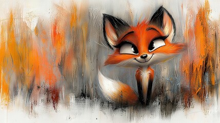 Wall Mural -   A close-up of a fox painted in orange and white, with splattered paint on its face