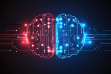 Leinwandbilder - Futuristic Concept of Human Brain with Neon Circuit Connections in Red and Blue Colors