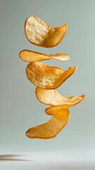 Poster - Six crispy potato chips are levitating against a minimalist light grey background, creating a visually appealing and dynamic composition that emphasizes the texture and form of the chips