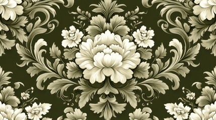 Poster - Elegant floral damask pattern in olive green and beige.