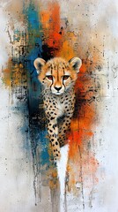 Wall Mural -   Cheetah portrait with grunge face on white-orange backdrop