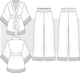 Wall Mural - Women's kimono top Pajama suit with Wide lag pants design flat sketch fashion illustration drawing with front and back view. Flared pants with long sleeve pajama blouse top set cad drawing. 