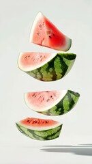 Aufkleber - Four slices of a ripe watermelon with red pulp and black seeds are levitating on a white background, creating a visually appealing summer scene