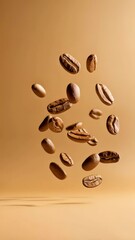 Poster - Multiple roasted coffee beans are levitating against a warm, inviting backdrop, creating a visually appealing scene that evokes the rich aroma and taste of coffee
