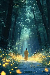 Wall Mural - Monk walking a path lit by fireflies in a mystical forest.