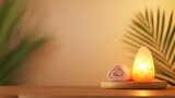 A cozy spa setting featuring a glowing Himalayan salt lamp and rolled towel, surrounded by a serene atmosphere with soft lighting and natural elements.