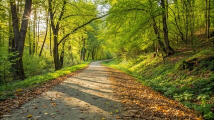 Wall Mural - Spring Forest Path: Sunlit Footpath with Fallen Leaves and Lush Green Trees
