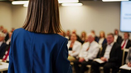 Poster - Businesswoman engaging audience with hand gestures during a presentation at a professional conference, showcasing her expertise and confidence in front of a large group