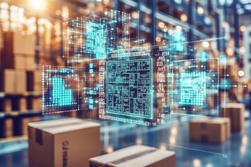 Leinwandbilder - Digital Data Visualizations in a Modern Warehouse Environment with Cardboard Boxes