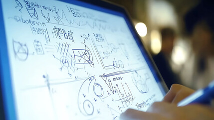 Poster - Closeup of hand sketching diagrams and graphs on a tablet screen.  Perfect for illustrating brainstorming, planning, design thinking, or innovative problemsolving concepts.