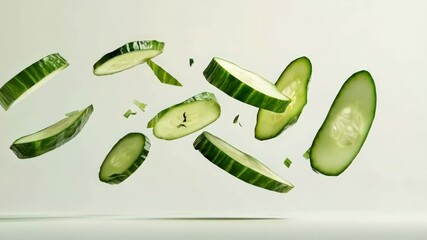 Aufkleber - Levitating cucumber slices and chopped pieces create a vibrant and refreshing visual against a minimalist white backdrop, highlighting their fresh, healthy appeal in a dynamic composition