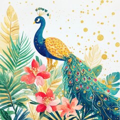 Wall Mural - Peacock amidst tropical flowers, gold accents; nature illustration