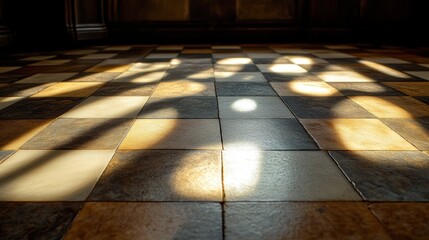 Wall Mural - sunlight illuminating checkered floor tiles.