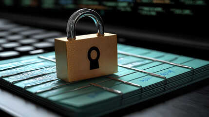 Poster - Cybersecurity concept A gold padlock secures a stack of teal documents on a laptop keyboard, symbolizing data protection and online safety.