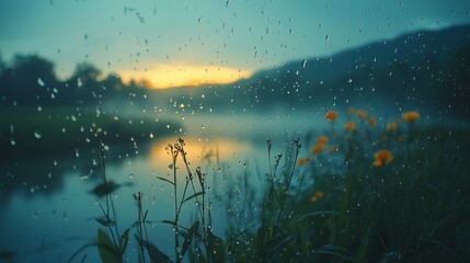 Aufkleber - Raindrops cling to the foggy glass, blurring the view as the sun sets, casting a warm glow on the flowers and a serene river. Nature’s beauty is captured in this moment of calm