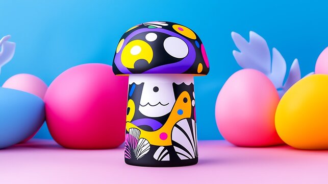 Whimsical Colorful Mushroom Illustration with Abstract Geometric Design Elements