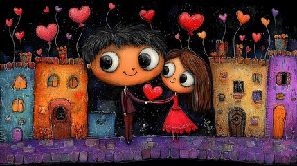 Wall Mural -   A boy and girl kiss, painting, heart-shaped, castle backdrop