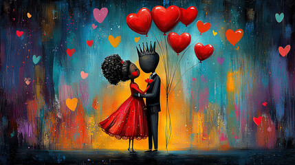 Wall Mural -   A man and woman tenderly kiss beneath a sea of vibrant red hearts on a serene canvas of blue and yellow hues