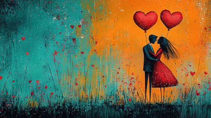 Wall Mural -   A red-hearted couple holding balloons against a yellow-blue backdrop