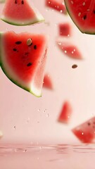 Aufkleber - Several triangular slices of ripe watermelon with black seeds are levitating on a pink background, creating a refreshing and summery visual with water droplets adding a dynamic touch