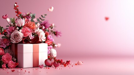 Wall Mural -   Box with bouquet and hearts on pink background with scattered confetti