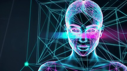 Poster - Complex algorithms analyze a woman's face, creating a digital mesh and highlighting key features with vibrant colors, demonstrating advanced biometric technology