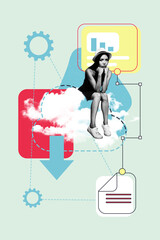 Aufkleber - Composite sketch image design trend artwork collage of cyberspace document file young woman sit cloud dream arrow trader cogwheel browsing