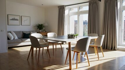 Aufkleber - Natural sunlight streams into a contemporary scandinavian apartment, highlighting the minimalist dining area with a wooden table, light grey fabric chairs, and a comfortable sofa
