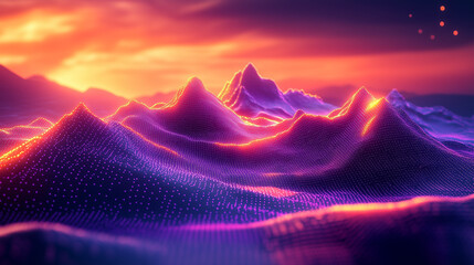 Wall Mural - abstract landscape with bright neon mountains illuminated with orange and pink lights under a starry
