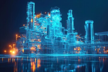 Wall Mural - futuristic industrial d illustration of a high tech factory with glowing blue lines and intricate de