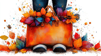 Wall Mural -   A woman holds a flower-filled bag on her legs with matching shoes peeking out from the bottom