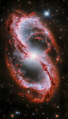 Wall Mural - an image of a cosmic spiral galaxy in crimson and blue, surrounded by stars and voids of space -