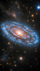Wall Mural - an image of a cosmic spiral galaxy in crimson and blue, surrounded by stars and voids of space -