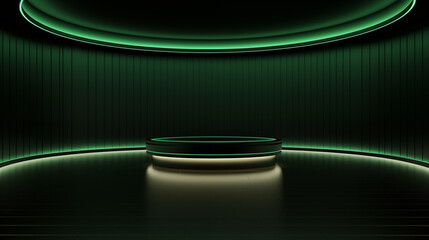 Poster - A dark, curved room with green neon lights and a circular table in the center.