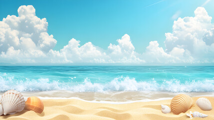 Poster - Bright summer background with beach and crashing waves overlooking the sky and white clouds decorated with some seashells.