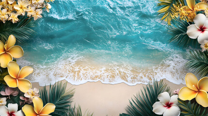 Poster - Vibrant summer background with waves and sandy beach surrounded by coconut leaves and flowers.