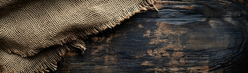 Burlap fabric with frayed edges resting on a dark wooden surface  -