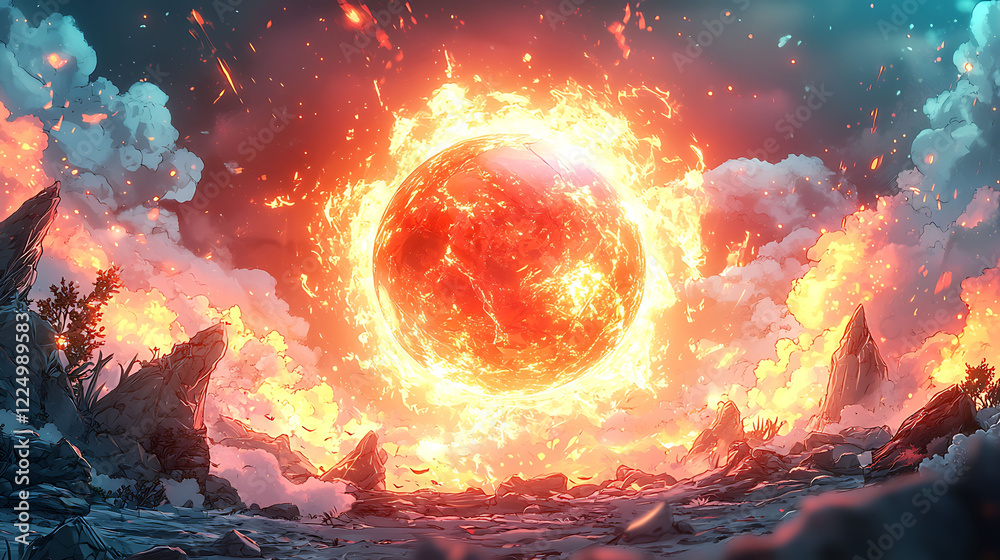 Fiery digital art depicting a burning planet amidst a dramatic ...