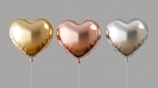 A trio of metallic heart balloons in shades of gold, silver, and rose gold, placed against a neutral gray background.