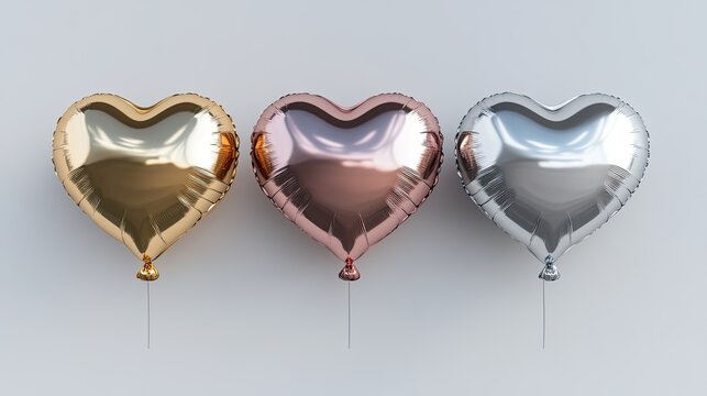 A trio of metallic heart balloons in shades of gold, silver, and rose gold, placed against a neutral gray background.