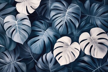 Tropical monstera leaves pattern in dark blue and white tones for a modern elegant design