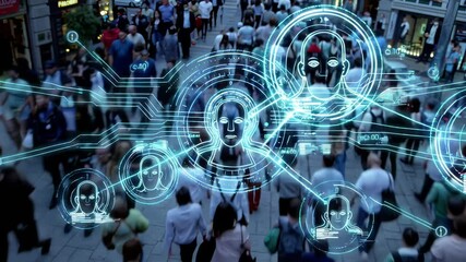 Poster - Advanced facial recognition technology scanning urban pedestrians, collecting biometric data and generating personal profiles within sophisticated digital surveillance network