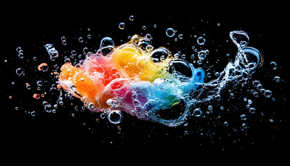 Wall Mural - Colorful bubbles and foam captured mid-movement on a dark background for a vibrant design  -