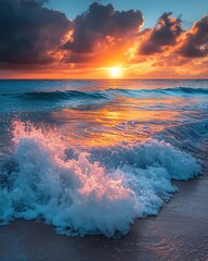 Wall Mural - Golden hour ocean waves crashing on sandy beach at sunset with dramatic clouds above