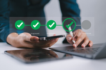 Poster - Corporate Progress and Task Management. Businessman Engaging with Mobile Interface Featuring Digital Check Marks, Highlighting Efficient Planning, Data Tracking, and Workflow Success