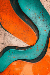 Fototapete - Abstract close-up of textured wall with teal and orange curves, showcasing dynamic and creative artistic design with vibrant colors, highlighting modern abstract art in interior decor.