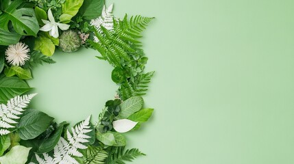 Wall Mural -   A wreath crafted from emerald foliage and snow-white petals against a soft olive backdrop, featuring a void for text