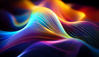 Poster - Vibrant, abstract waves of light in a mesmerizing blend of blues, oranges, and purples. Perfect for tech, music, or design projects needing a dynamic, futuristic feel.